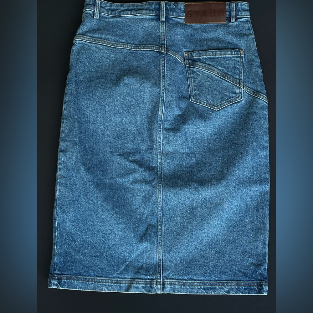 STAUD Denim Midi Skirt Blue Size 8 – Perfect Condition - Picture 2 of 4